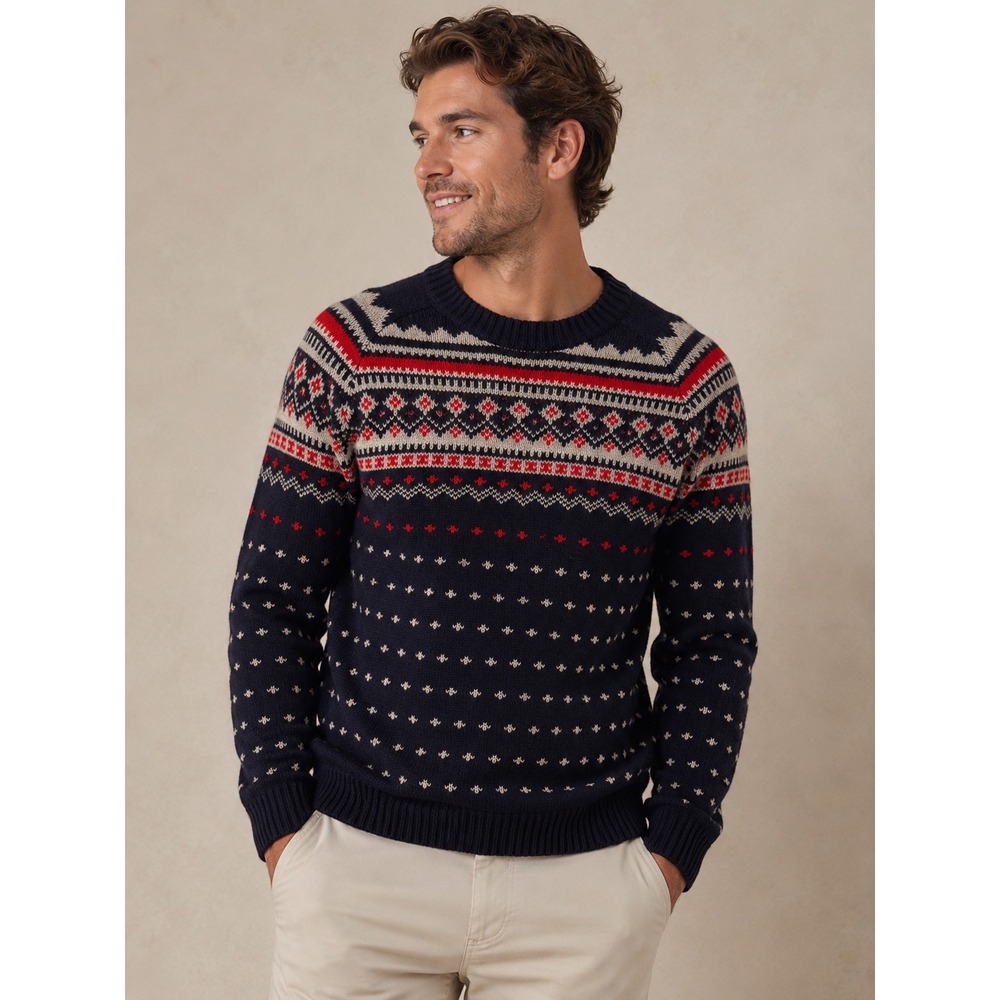 J Crew 100% Lambs Wool Navy Blue Fair Isle Sweater Nordic Preppy Mens Large